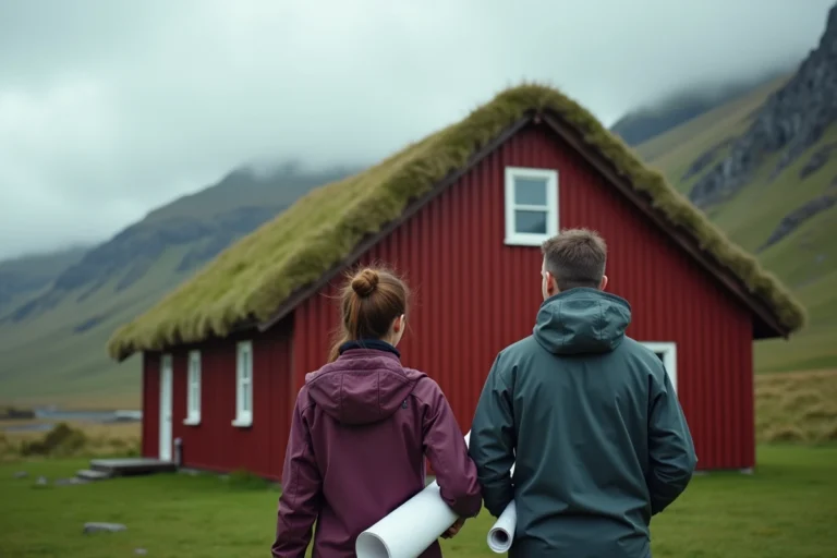 Couple d'étrangers examinant une maison traditionnelle aux toits de tourbe aux îles Féroé avec des plans architecturaux