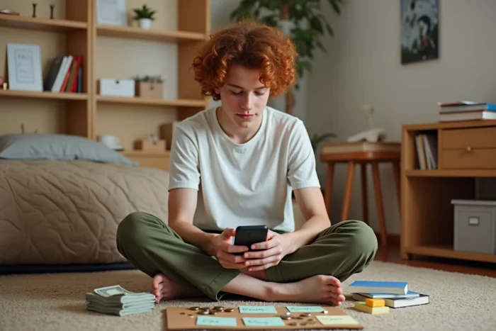Adolescent de 17 ans gérant son argent de poche avec une application de budget sur smartphone dans sa chambre