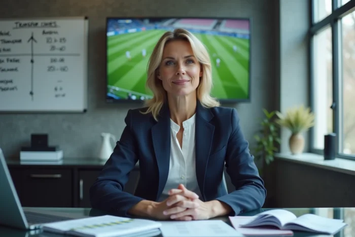 Agent sportive féminine analysant des statistiques de transfert de joueuses de football dans un bureau professionnel