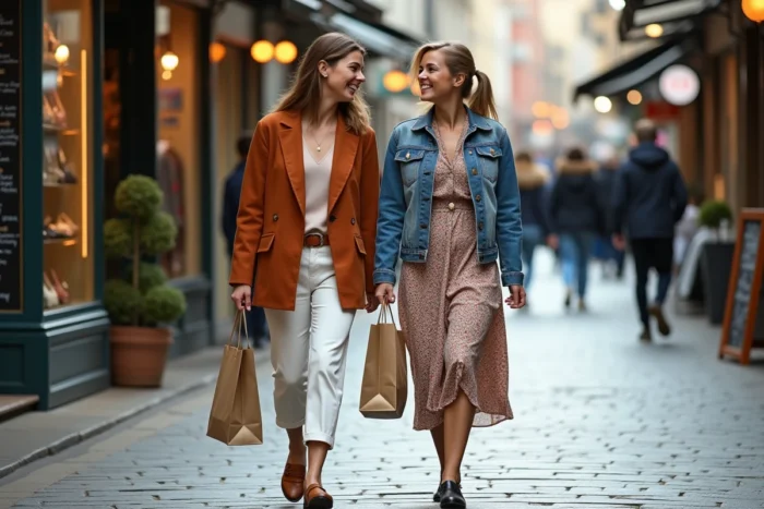 Deux amies faisant du shopping en ville sur une rue commerçante pavée avec des sacs tendance