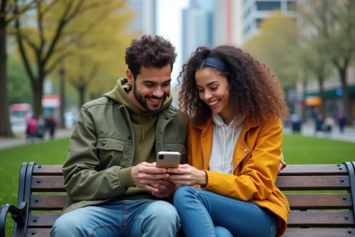 Deux amis partageant leur passion pour les webtoons sur smartphone dans un parc urbain