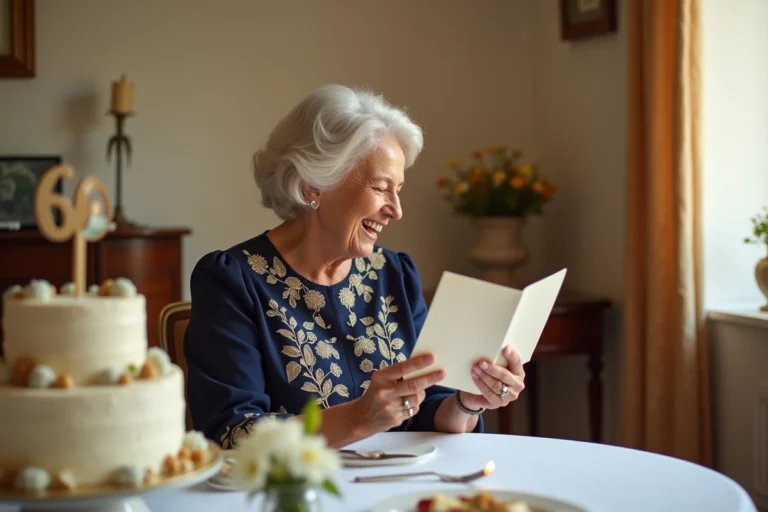 Femme de 60 ans souriante lisant une carte d'anniversaire humoristique lors d'une fête élégante