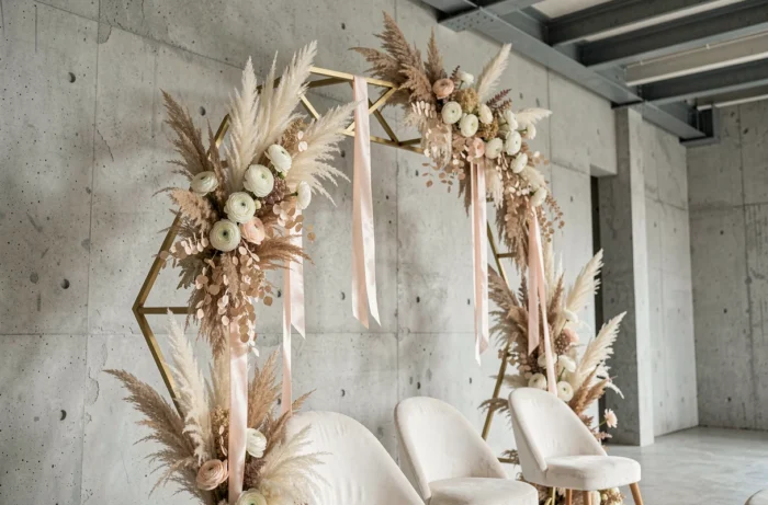 Arche de mariage géométrique en laiton ornée de pampa, fleurs blanches et rubans blush dans une salle de cérémonie moderne