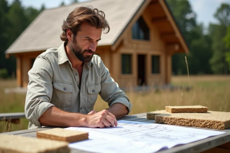 Architecte examinant des plans de maison écologique avec des matériaux naturels sur un chantier de construction durable