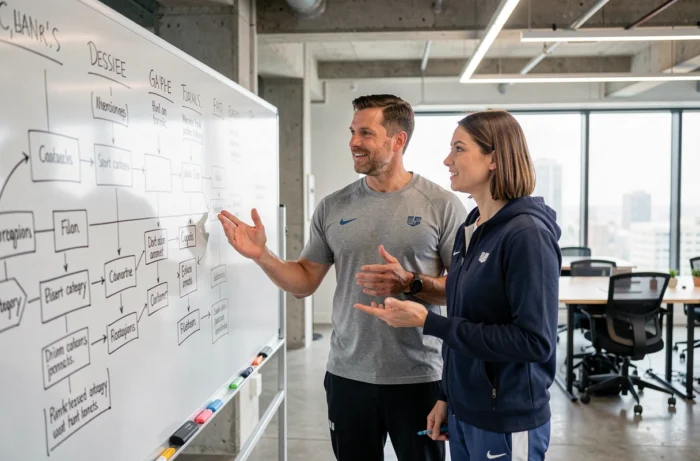Deux professionnels discutent de l'architecture d'un site web sportif devant un tableau blanc en agence