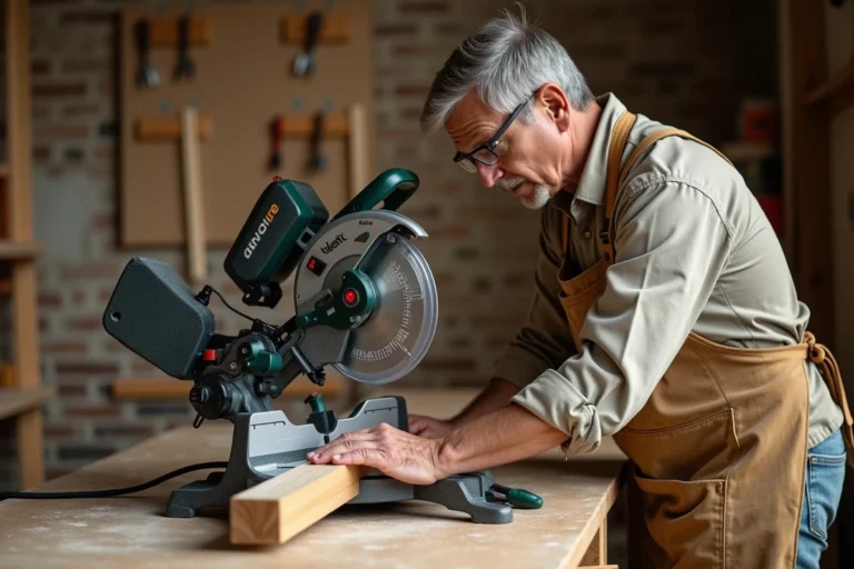 Artisan menuisier utilisant une scie à onglet Tacklife PMS03A pour couper une moulure en bois avec précision dans un atelier rustique