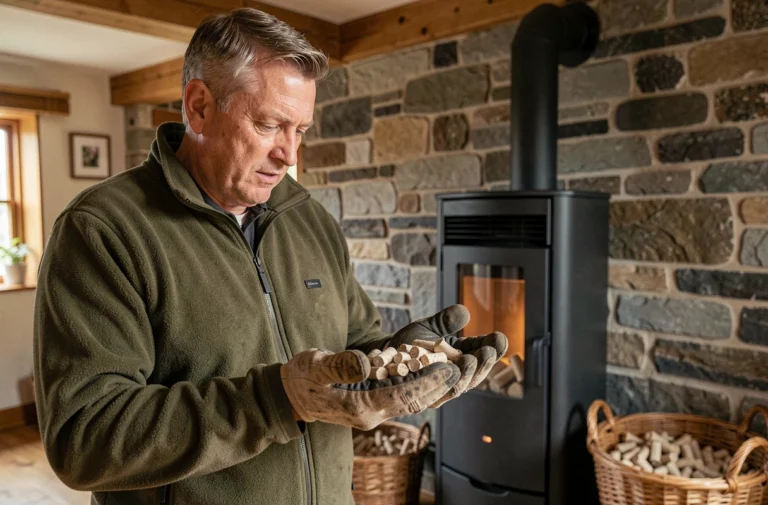 Homme examinant des granulés Piveteau en bois dans sa main devant un poêle à pellets dans un intérieur rustique
