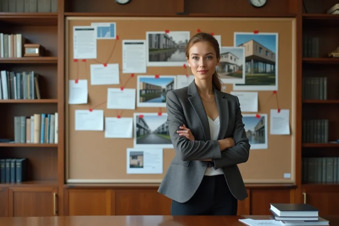Une avocate spécialisée en immobilier analyse un tableau d'investigation sur les promoteurs immobiliers signalés en France, dans une salle de consultation juridique