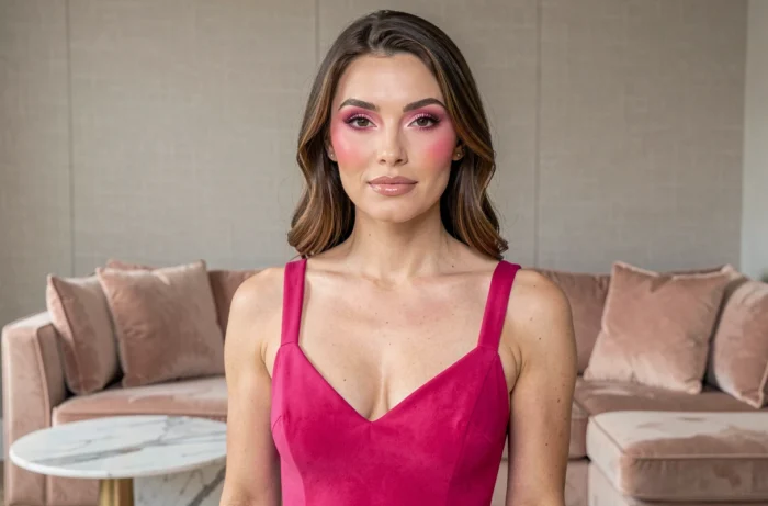 Femme avec un blush draping rosé et un fini soft glam associé à une robe rose fuchsia