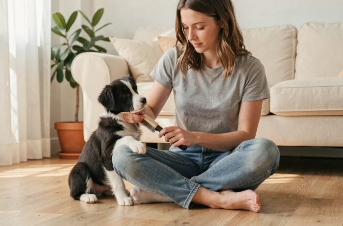 Jeune femme qui brosse son chiot border collie à la maison dans un cadre domestique chaleureux