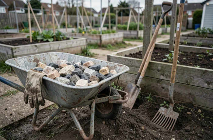 Brouette remplie de cailloux ramassés dans un jardin potager avec des outils de jardinage posés à côté