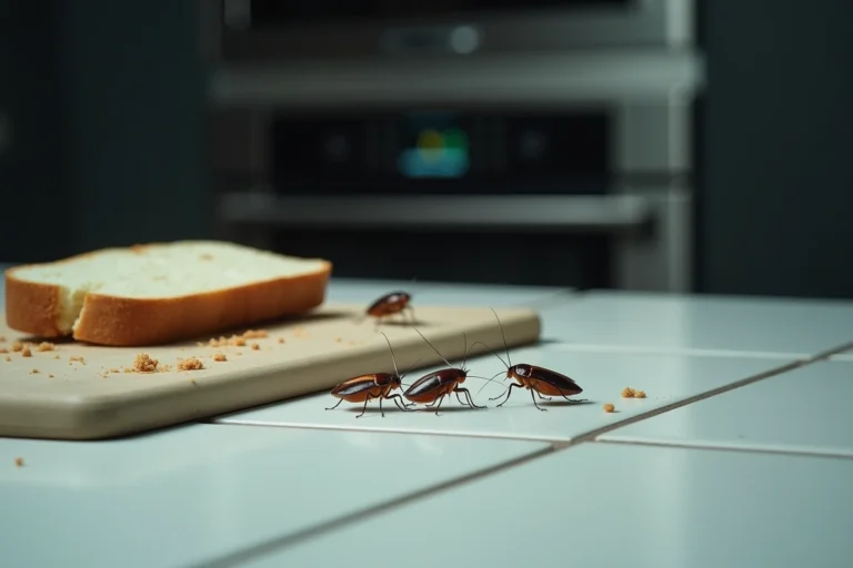 Gros plan de cafards sur un plan de travail de cuisine la nuit avec des miettes de pain