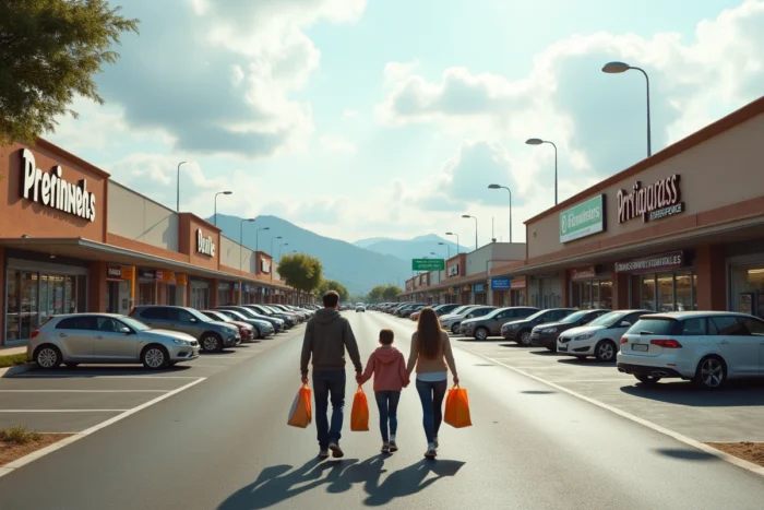 Vue générale du centre commercial de Dancharia avec parking et familles faisant leurs courses le dimanche