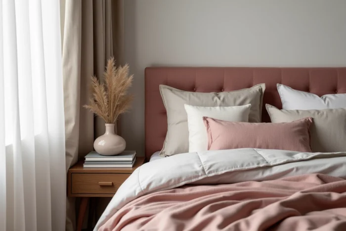 Coin chambre moderne tendance avec tête de lit en lin rose poudré, literie en coton et table de nuit en noyer avec lampe céramique