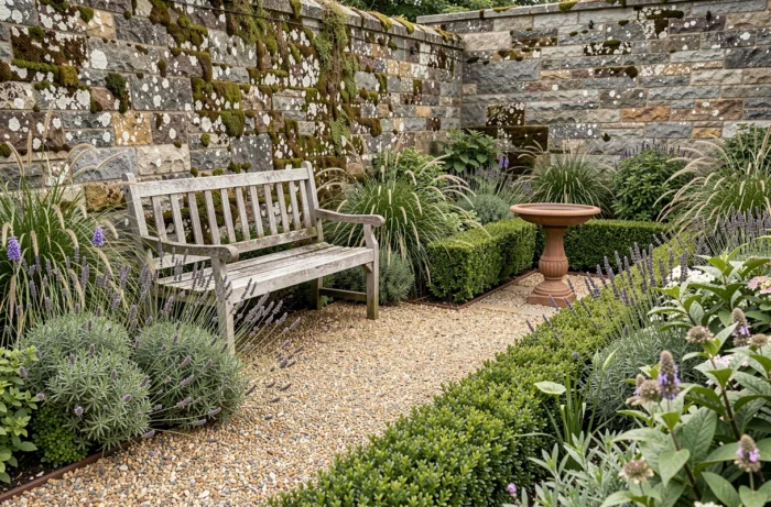 Coin de jardin harmonieux avec banc en bois, bordures de lavande et de graminées ornementales le long d'un mur en pierre couvert de mousse