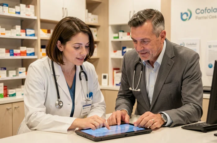 Une pharmacienne et un médecin collaborant autour d'une interface numérique partagée en pharmacie, représentant les solutions innovantes de coordination entre professionnels de santé