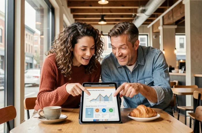 Deux collègues explorant les dernières tendances web 2024 sur une tablette dans un café urbain