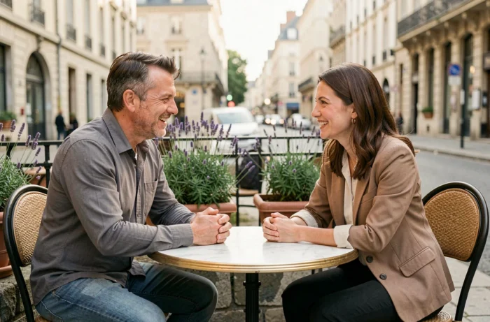 Deux personnes en conversation bienveillante à une terrasse de café, symbolisant la communication positive pour la santé mentale