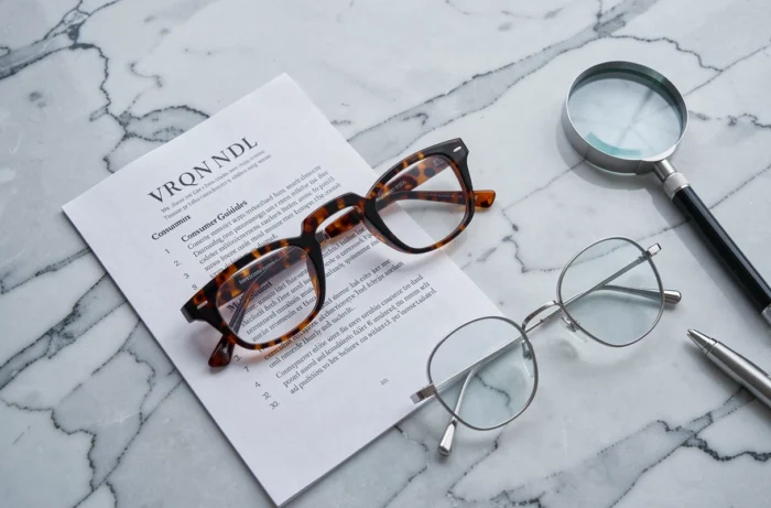 Comparaison de lunettes sans ordonnance posées sur un guide d'achat imprimé