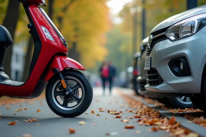 Comparaison entre un scooter rouge urbain et une voiture compacte argentée garés côte à côte en extérieur
