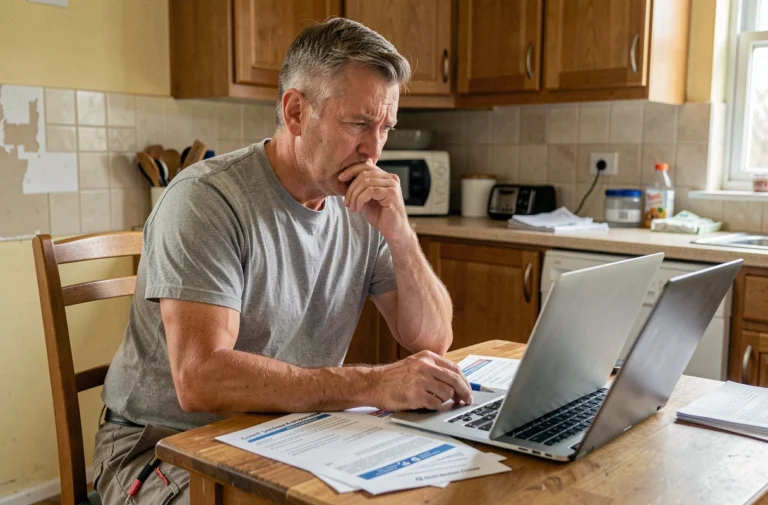 Homme comparant plusieurs devis de travaux urgents à la table de sa cuisine avec un ordinateur portable et des documents imprimés