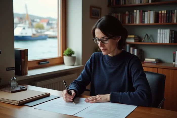 Femme étrangère signant des documents immobiliers dans un bureau notarial aux îles Féroé