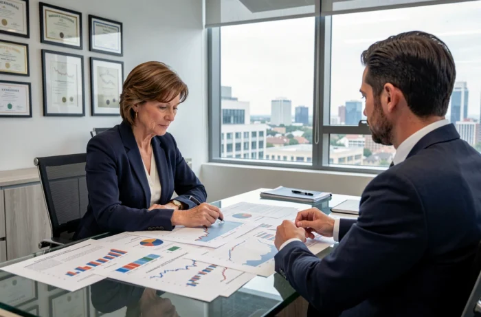 Femme en réunion avec un conseiller financier pour optimiser ses placements et crédits bancaires