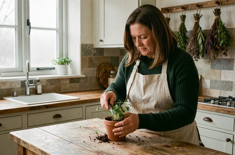Femme entretenant une plante de pourpier en pot sur une table de cuisine en bois en hiver