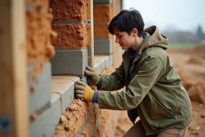 Femme construisant un mur en pisé lors de la construction d'une maison écologique en terre compressée