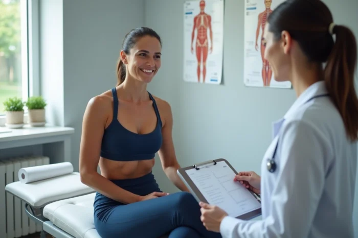 Femme sportive de 1m70 en consultation médicale discutant de son poids idéal avec un professionnel de santé