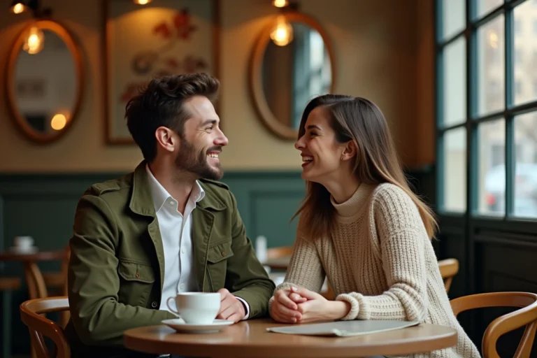Couple amoureux riant ensemble dans un café parisien chaleureux, ambiance romantique et authentique