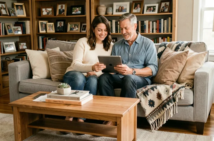Couple épanoui consultant un site bien-être familial ensemble sur une tablette dans leur salon confortable