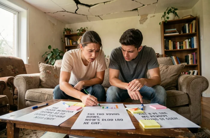 Couple comparant trois devis imprimés pour des travaux urgents dans leur salon avec un plafond fissuré en arrière-plan