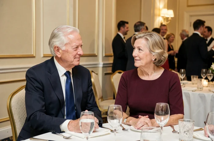 Couple discret de personnes âgées en tenue formelle lors d'un gala philanthropique dans un hôtel de luxe, évoquant le monde de la haute finance et de la diplomatie