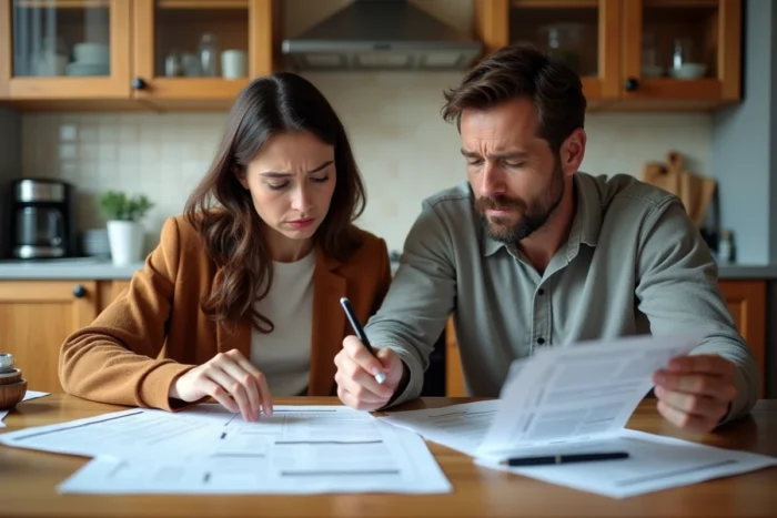 Un couple de particuliers examine des contrats immobiliers avec inquiétude à leur table de cuisine, représentant les risques liés aux promoteurs immobiliers douteux en France