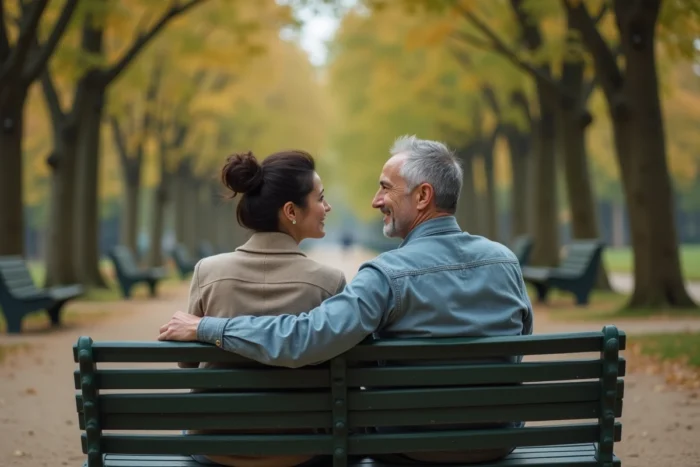 Couple assis sur un banc dans un jardin parisien, conversation intime et naturelle, ambiance week-end élégant