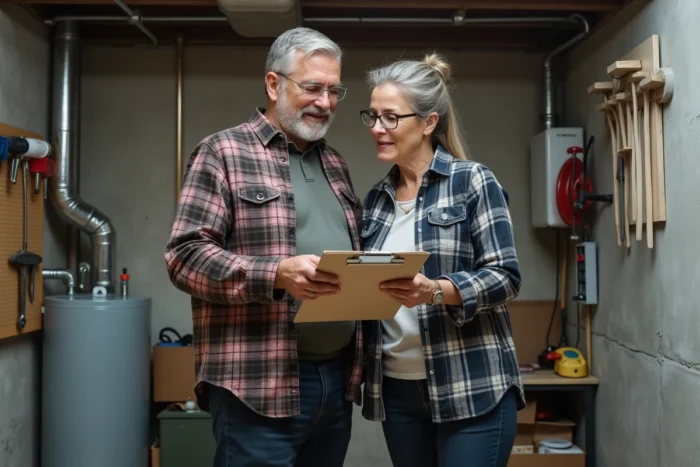 Couple vérifiant une liste d'entretien de maison dans une salle technique avec chauffe-eau et outils