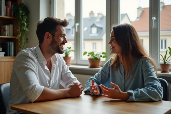 Couple heureux partageant un moment complice chez eux dans un appartement parisien moderne, bonheur quotidien et projets de vie