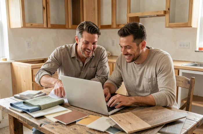 Couple planifiant leur rénovation intérieure avec un blog sur ordinateur portable et échantillons de matériaux