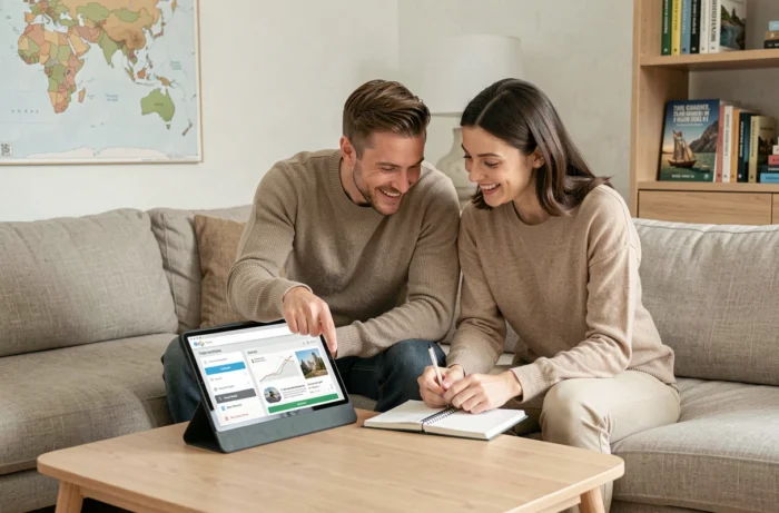 Couple planifiant un voyage ensemble sur une tablette grâce à une plateforme de voyage en ligne