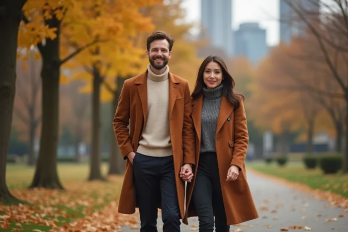 Couple se promenant main dans la main dans un parc parisien en automne, feuilles dorées et ambiance romantique urbaine