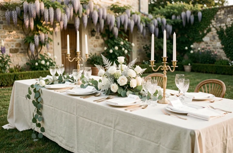 Table de mariage élégante décorée de roses blanches, candélabres dorés et vaisselle en cristal dans un jardin de château français