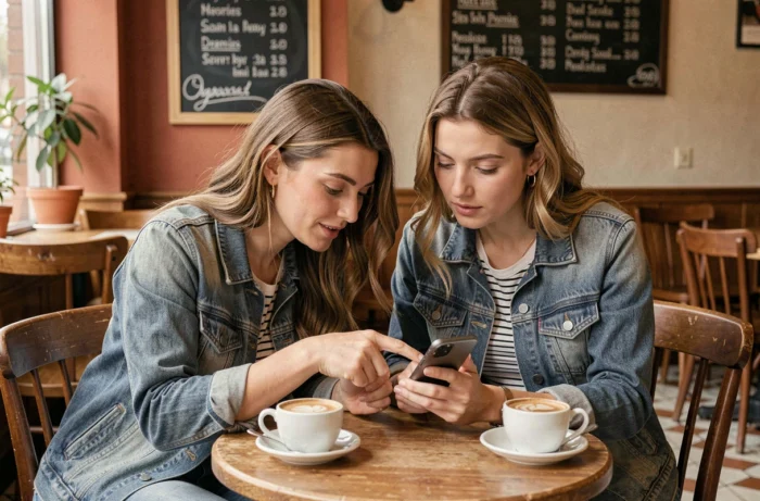Deux femmes découvrant ensemble les services et rubriques d'un site web depuis un smartphone dans un café