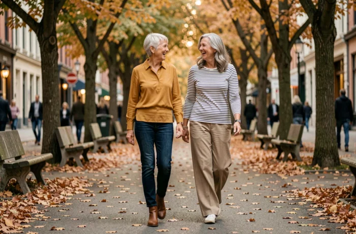 Deux femmes élégantes de plus de 75 ans riant et marchant ensemble sur une promenade urbaine bordée d'arbres en automne