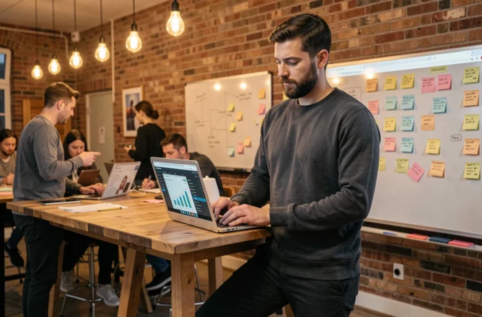 Jeune développeur web analysant les actualités numériques 2024 dans un espace de co-working dynamique
