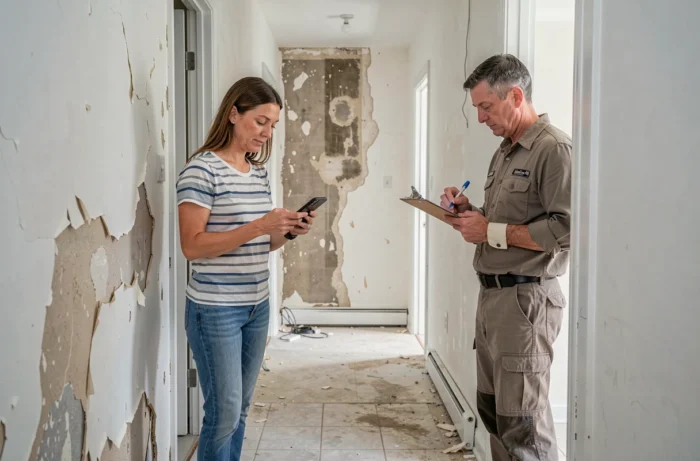 Femme consultant son smartphone face à un mur endommagé pendant qu'un artisan évalue les travaux urgents à réaliser