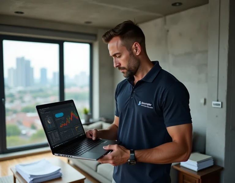 Diagnostiqueur immobilier professionnel utilisant un logiciel de diagnostic sur ordinateur portable dans un appartement en rénovation