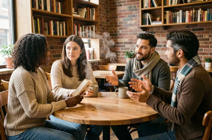 Groupe de personnes de croyances différentes en dialogue autour d'une table de café, illustrant la rencontre entre croyants et non-croyants