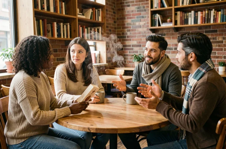 Groupe de personnes de croyances différentes en dialogue autour d'une table de café, illustrant la rencontre entre croyants et non-croyants