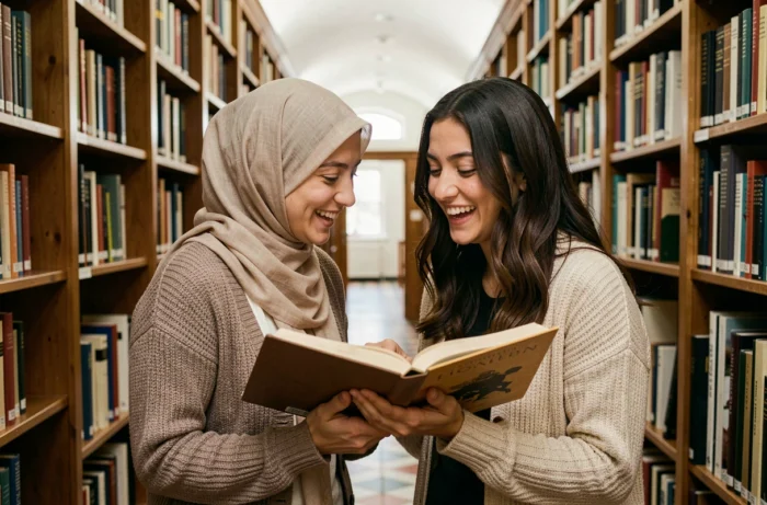 Deux jeunes femmes, l'une portant le hijab et l'autre non, riant ensemble dans une bibliothèque universitaire, symbole de dialogue interreligieux et de compréhension mutuelle